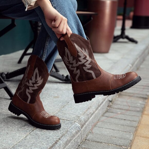 Hawkwell Women's Brown Fashion Mid Calf Round Toe Embroidered Western Boots - Picture 2 of 6